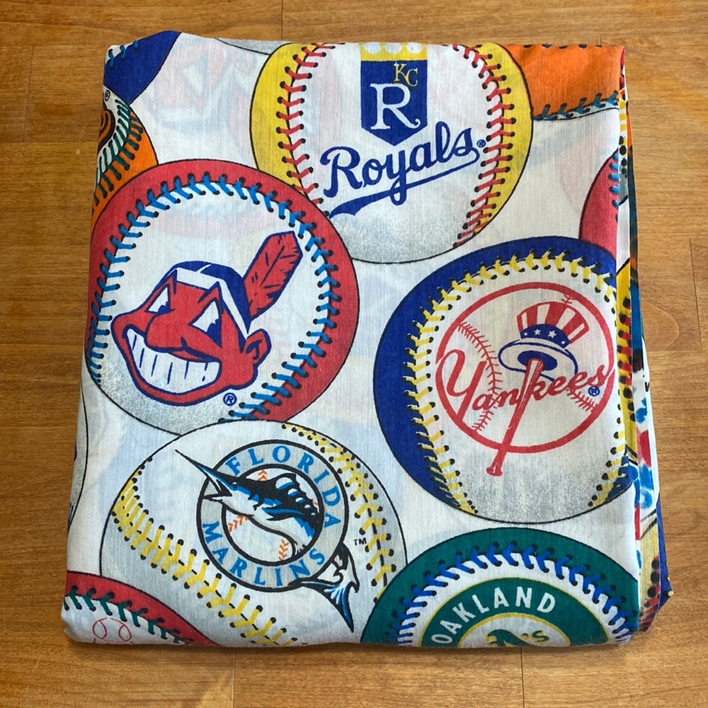 Vintage 1994 MLB Teams Baseball Logo Twin Flat Sheet Retro Upcycle